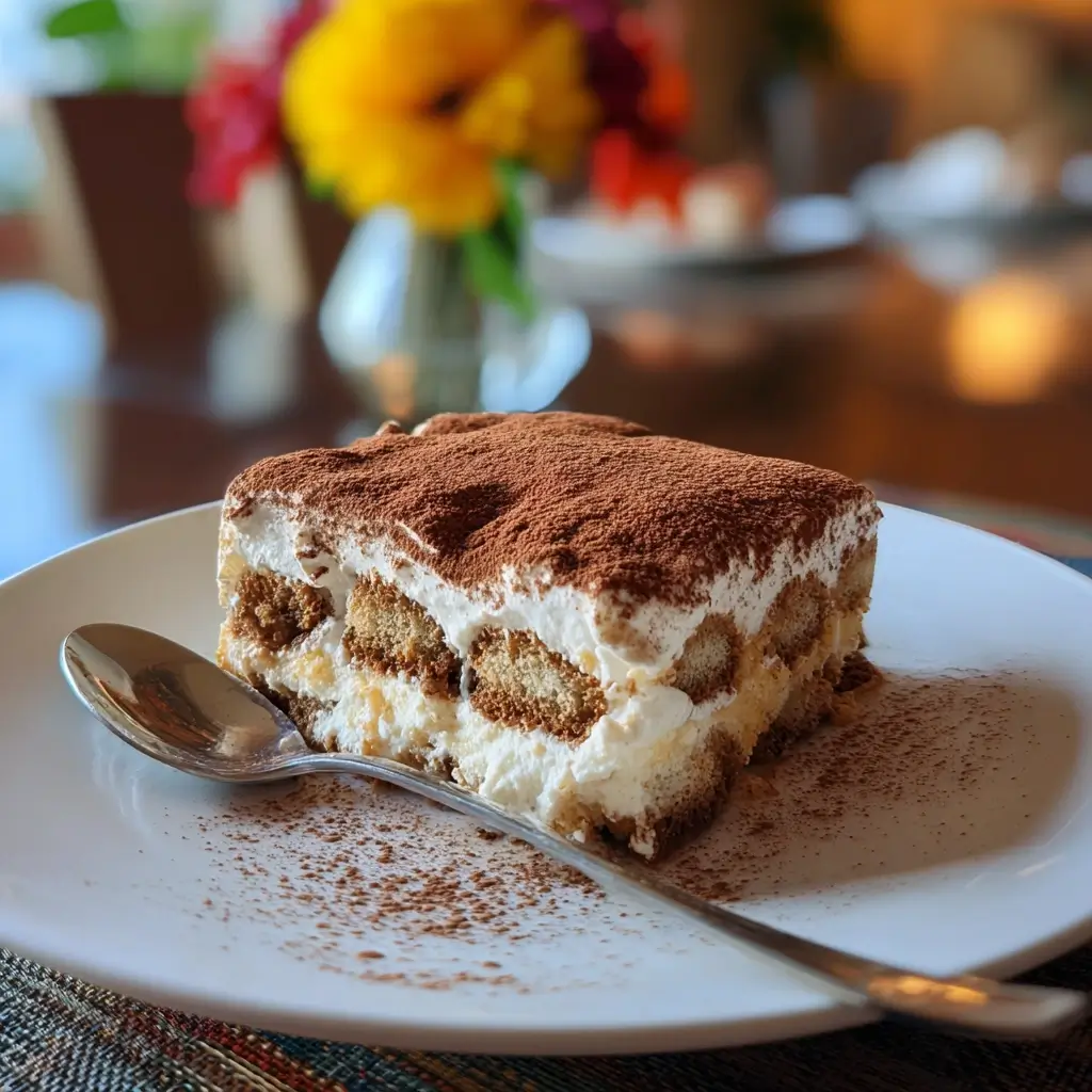 Cremige Portion Tiramisu ohne Ei mit Kakaopulver