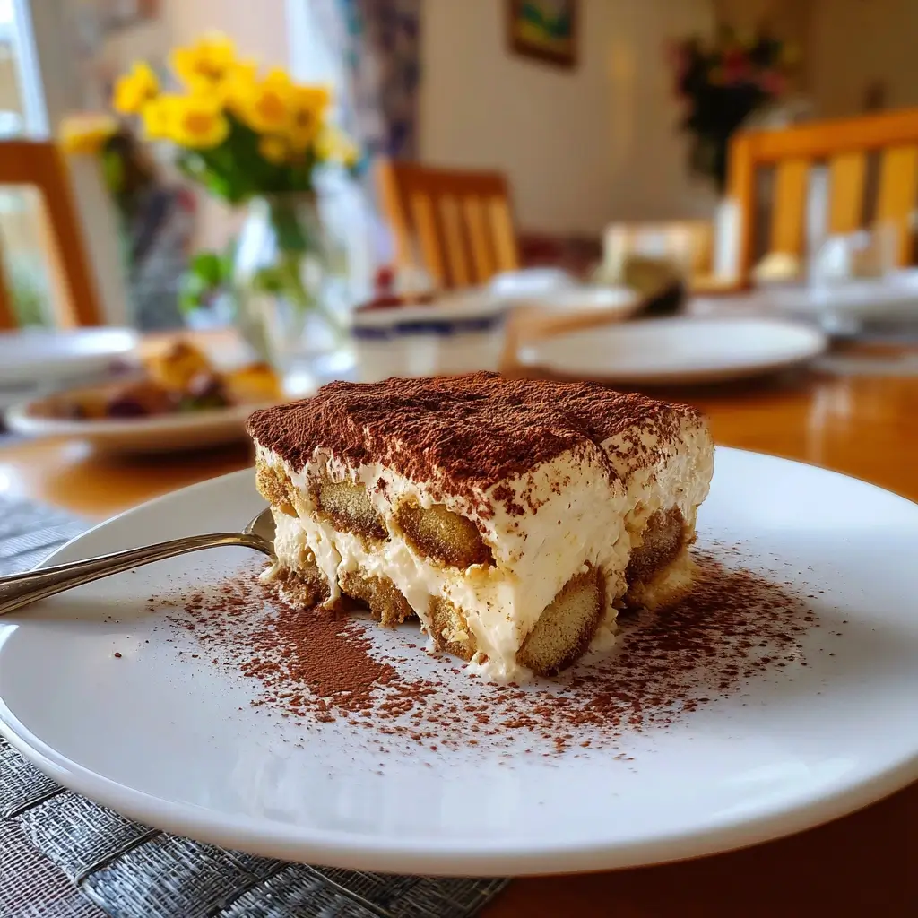 Portion Tiramisu ohne Ei auf weißem Teller serviert