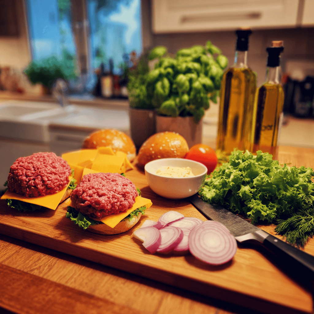 Frische Zutaten zum Burger selber machen, inklusive Rinderhack, Cheddar, Tomaten, Salat und Brioche-Brötchen.