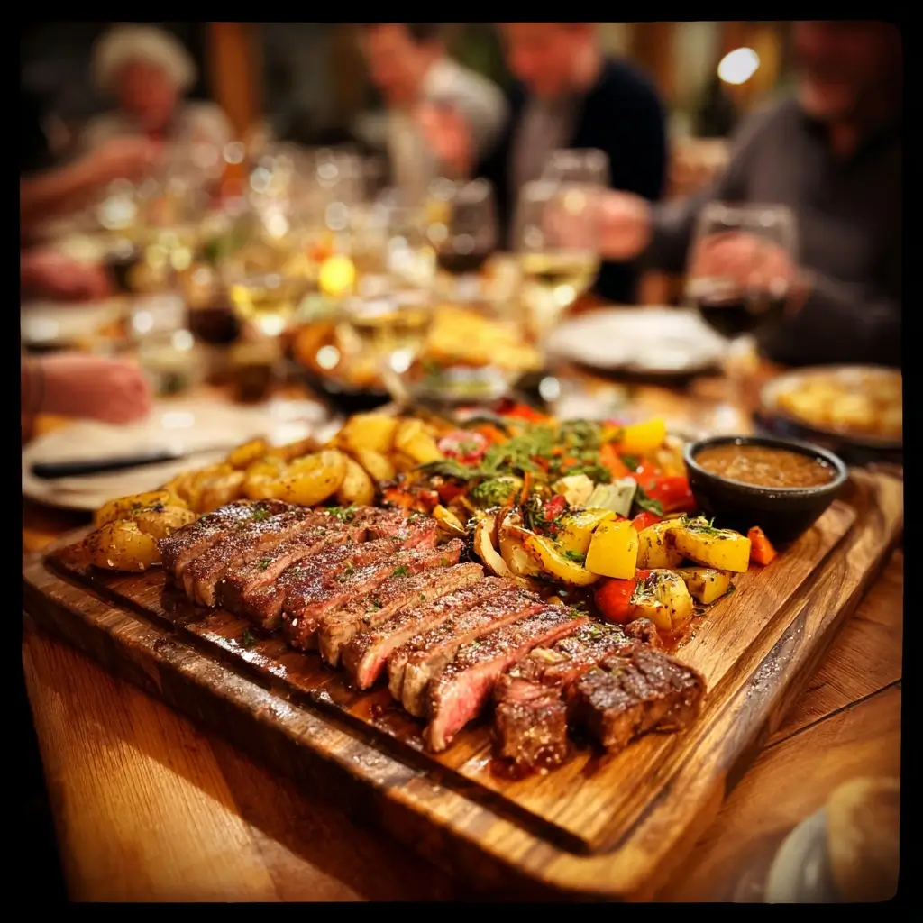 Porterhouse Steak serviert auf Holzbrett mit Gemüse und Sauce
