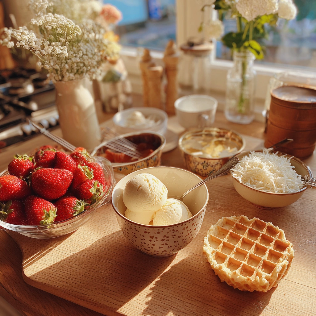 Zutaten für Spaghetti Eis Dessert auf Holztisch – Vanilleeis, Erdbeeren, Sahne, weiße Schokolade und Waffel