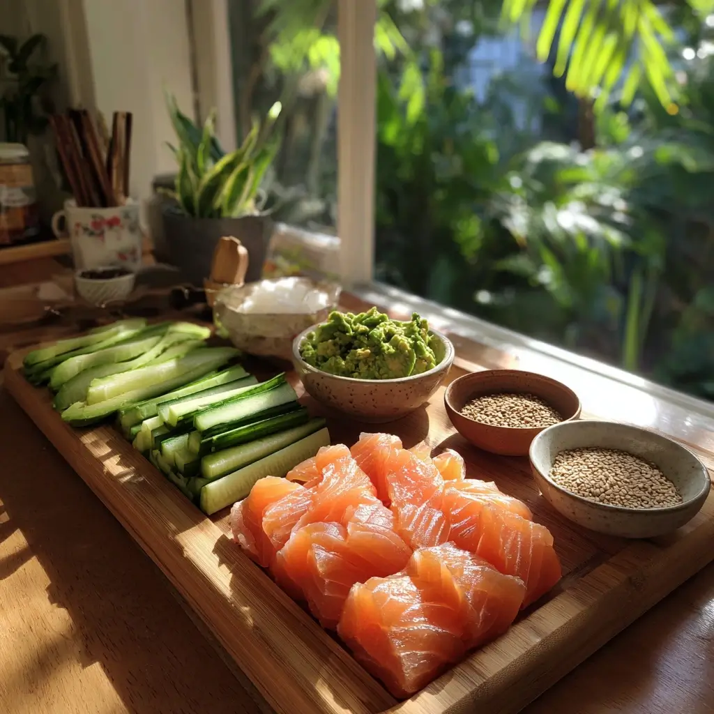 Inside Out Sushi Zutaten mit Lachs, Avocado und Gurke