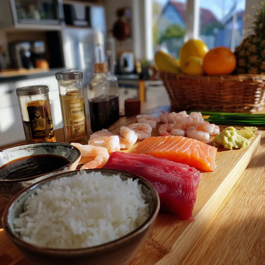 Zutaten für nigiri sushi mit Reis, Fisch, Wasabi und Sojasauce