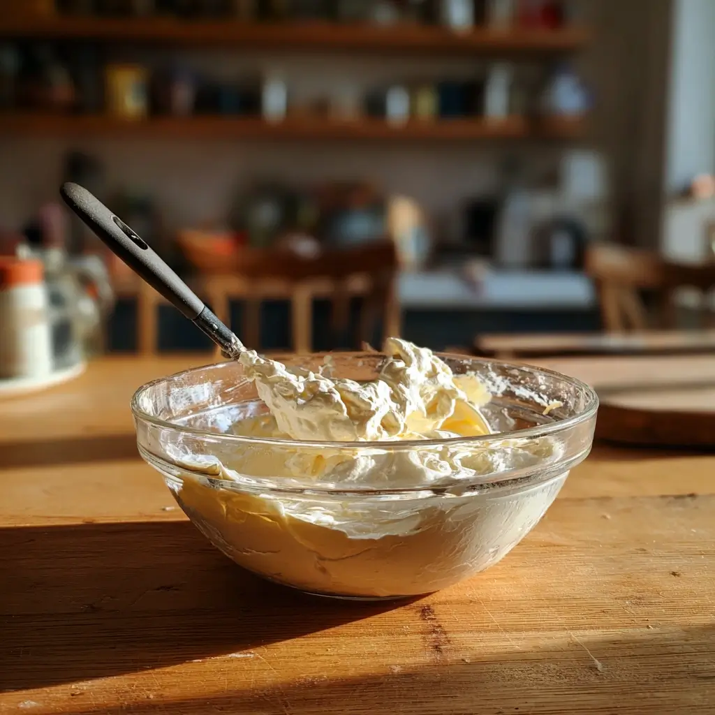 Mascarpone und Sahne für Tiramisu Rezepte ohne Eier vermischt