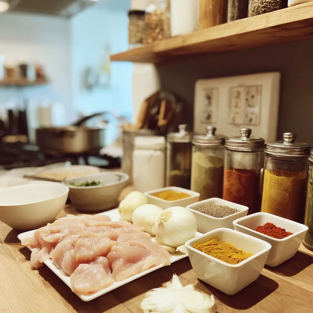 Zutaten für Chicken Curry mit Huhn, Gewürzen und Kokosmilch