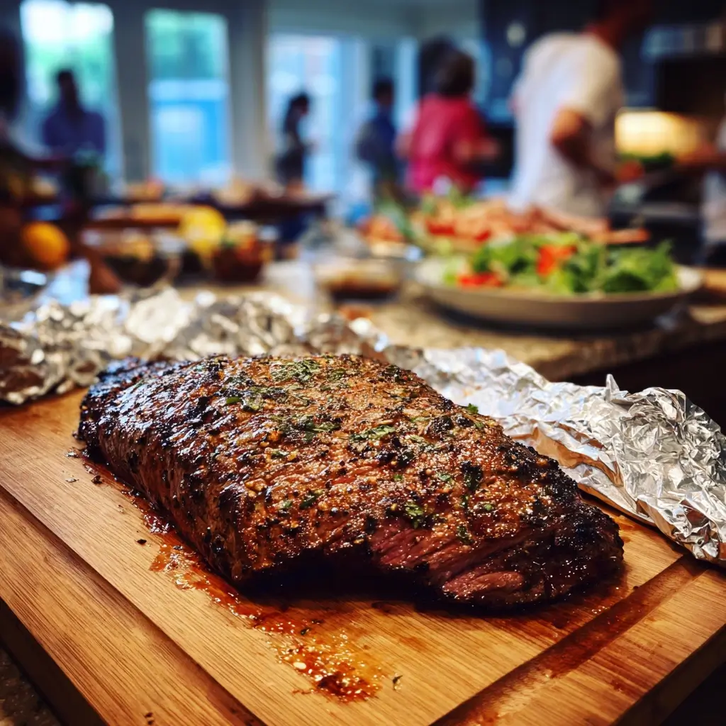 Gegrilltes flank steak auf Holzbrett, saftig und aromatisch, umgeben von frischen Kräutern in einer hellen Küche.