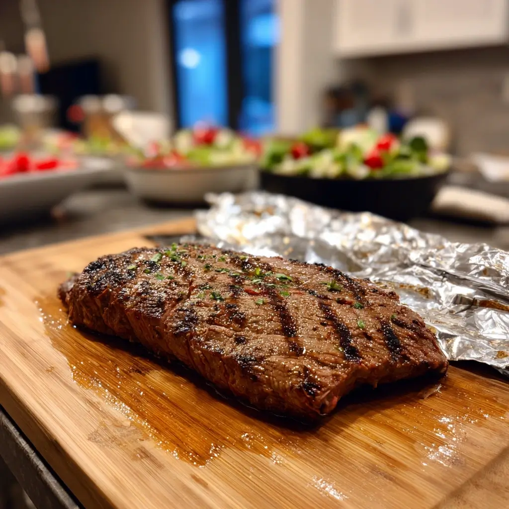 Gegrilltes flank steak ruht auf Holzbrett, leicht mit Folie bedeckt.