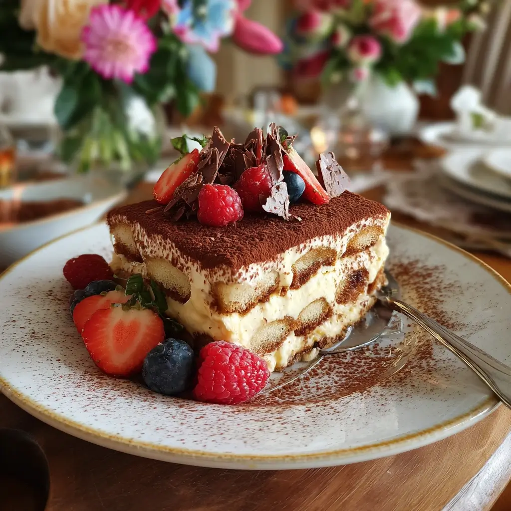 Tiramisu Rezepte ohne Eier dekoriert mit Kakao und Beeren