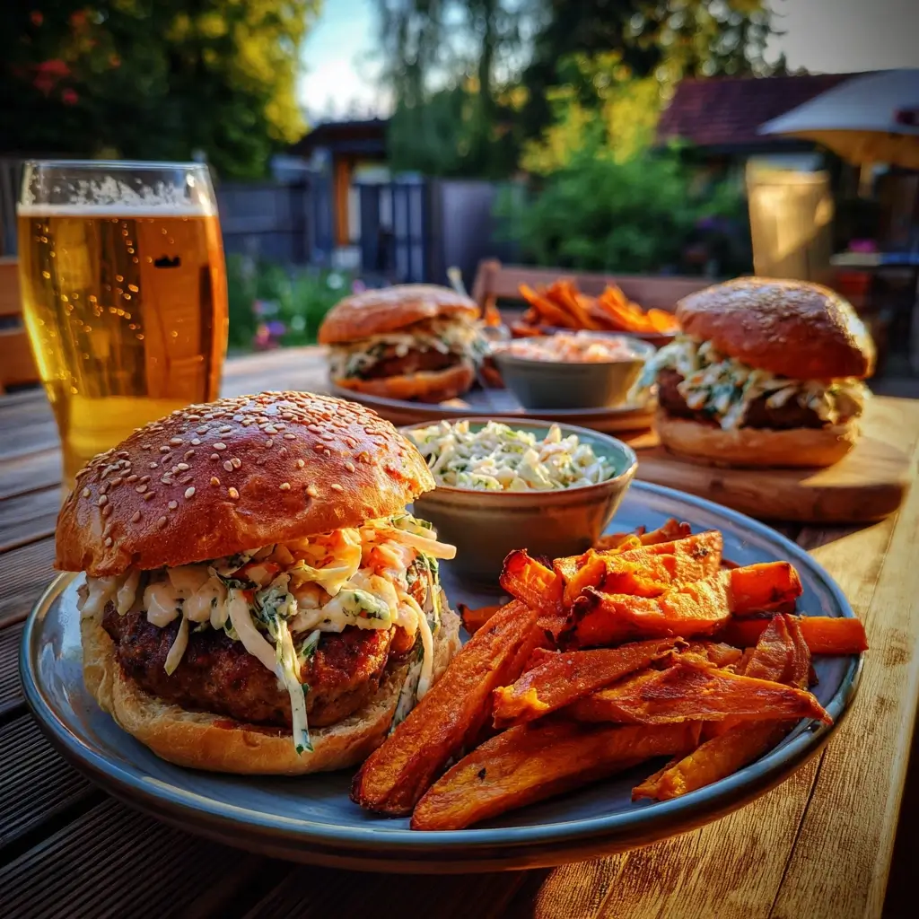 Burger patties selber machen serviert mit Süßkartoffelpommes und Coleslaw auf Holztisch.