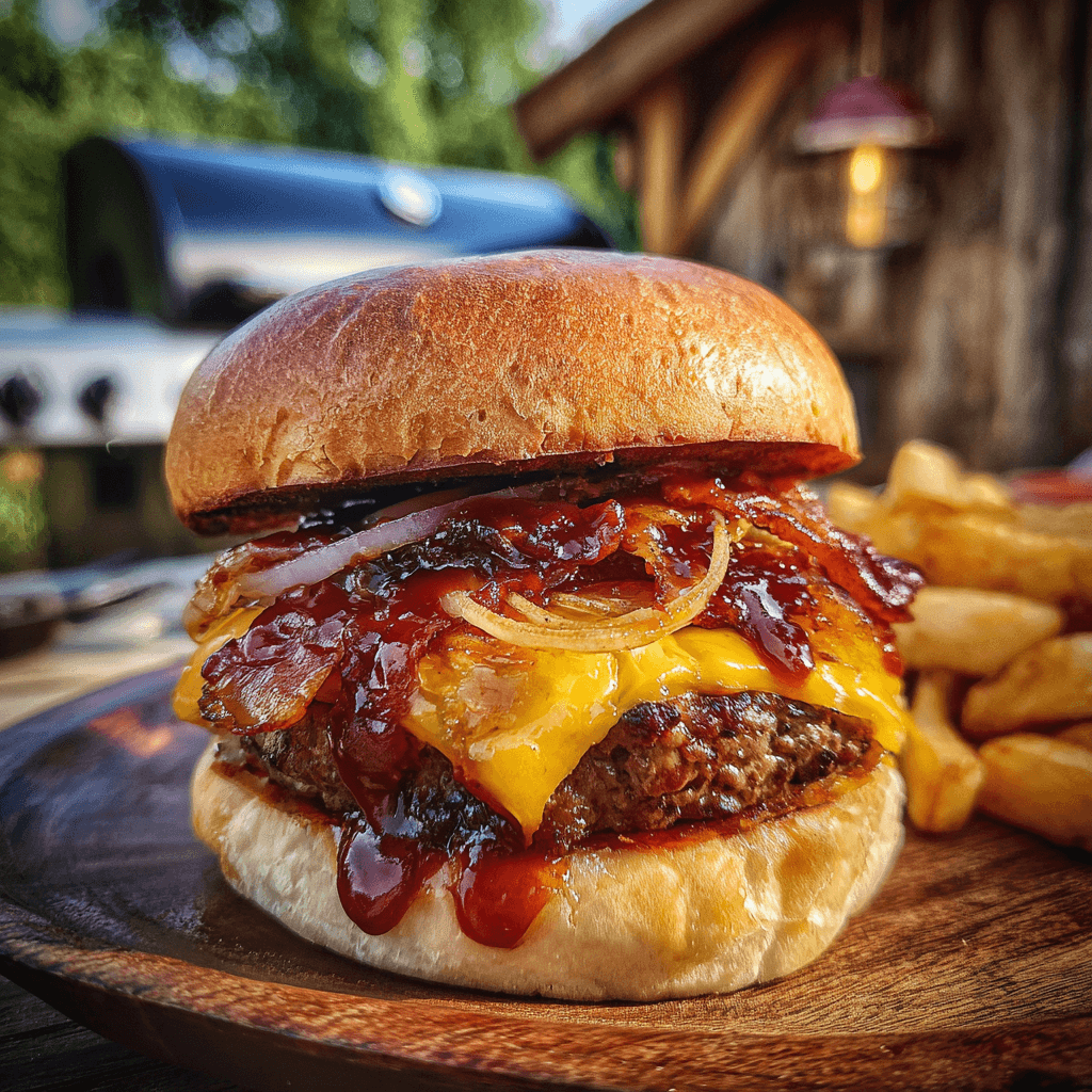 BBQ Bacon Burger mit geschmolzenem Käse und rauchiger Sauce beim Burger selber machen.