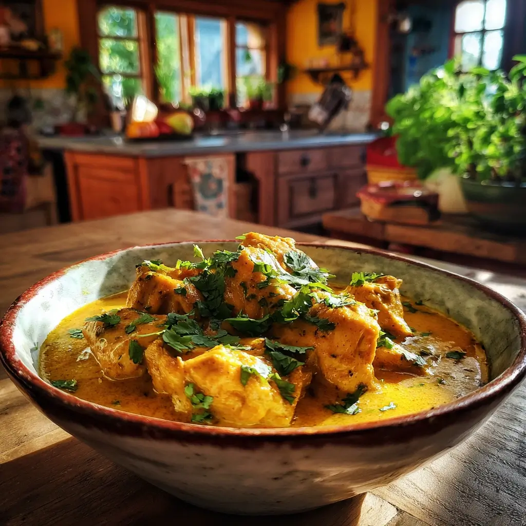 Chicken Curry in cremiger Sauce mit frischem Koriander serviert
