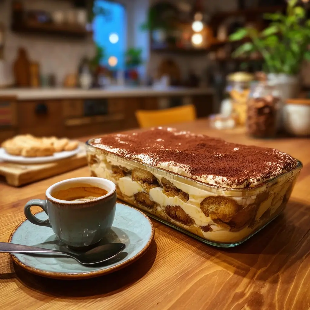 Tiramisu ohne Ei in einer Glasform mit Kakao bestäubt