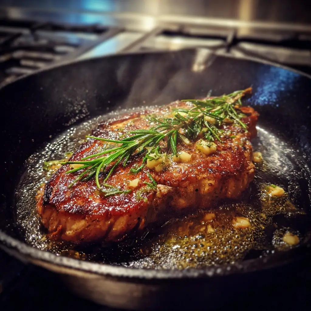 Rib Eye Steak in Gusseisenpfanne mit Butter, Knoblauch und Kräutern.