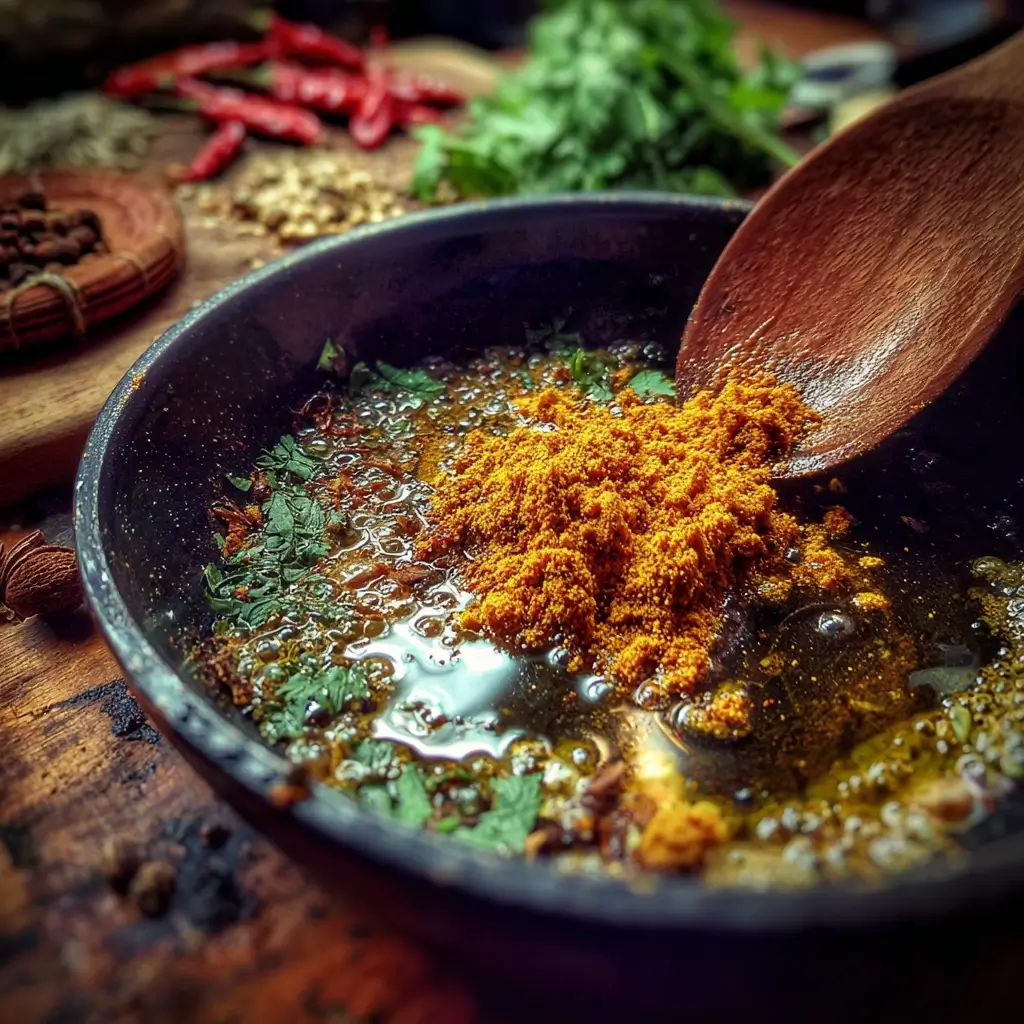 Gewürze im Chicken Curry Rezept im Öl rösten