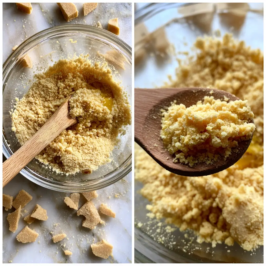 Keksboden für bakeless cheesecake, zerdrückte Butterkekse mit geschmolzener Butter in einer Glasschüssel.