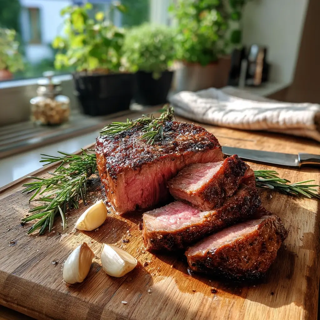 steak garstufen medium rare auf einem Holzbrett mit Kräutern