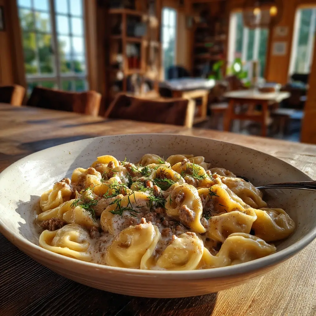 Pelmeni Rezept in einer rustikalen Schüssel mit Dill und Schmand serviert