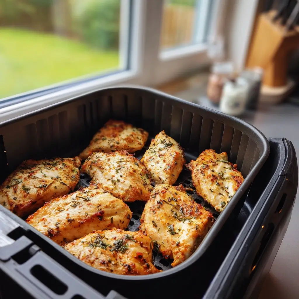 Airfryer Rezepte Hähnchen rohe marinierte Hähnchenbrust im Airfryer Korb