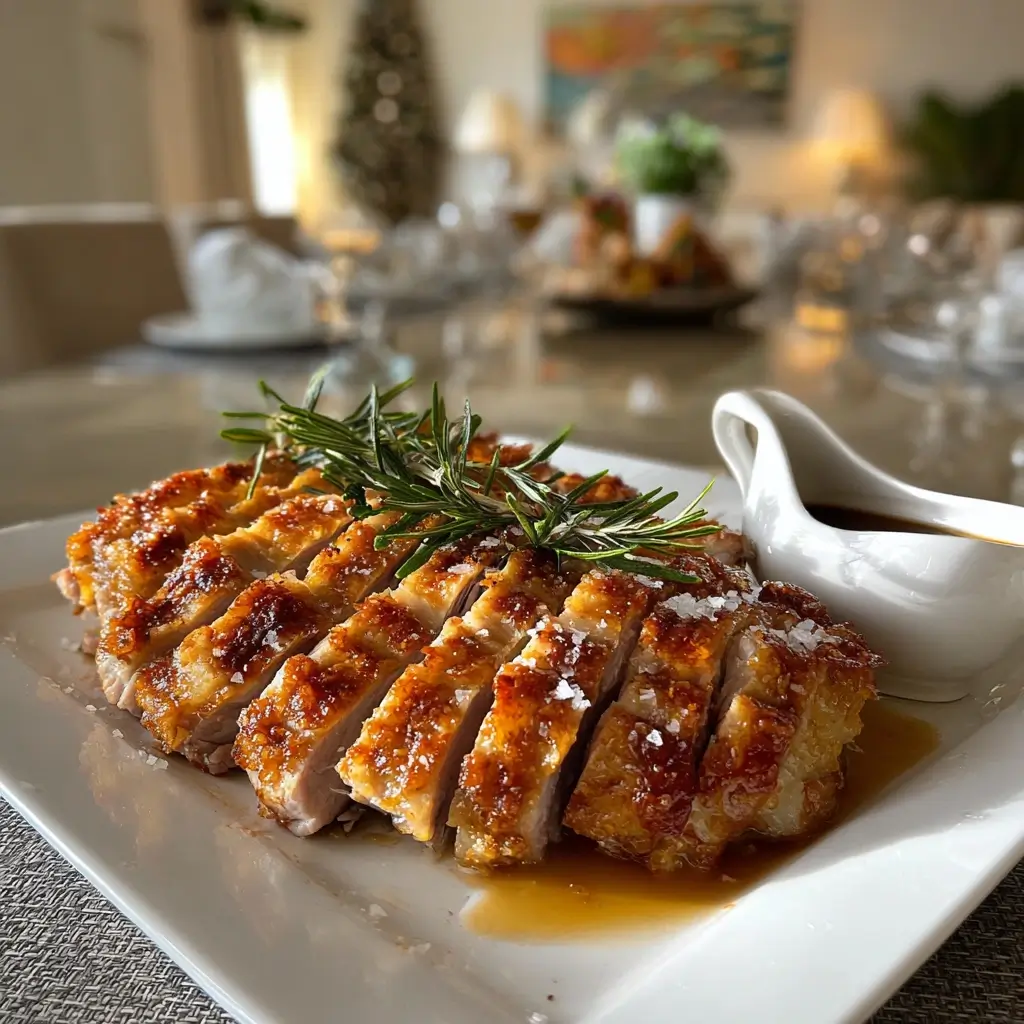 Knusprige, aufgeschnittene Gänsebrust Rezept auf einem Servierteller angerichtet.