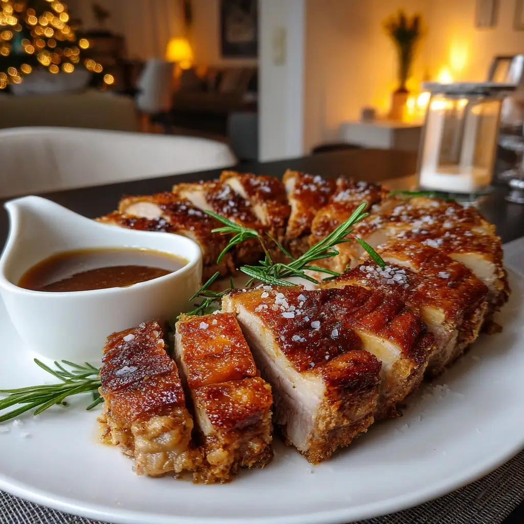 Knusprig aufgeschnittene Gänsebrust mit Sauce und Rosmarin auf einem Servierteller – Gänsebrust Rezept.