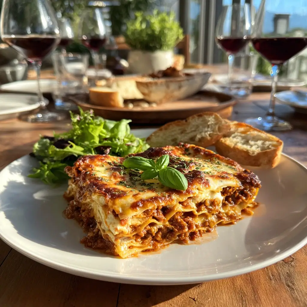 Ein servierter Teller mit einem Stück lasagne rezept einfach und Basilikum