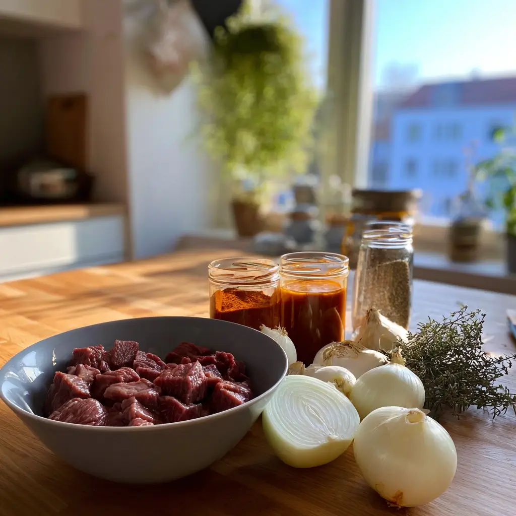 Gulasch Rezept Zutaten arrangiert auf Holztisch: Rindfleischwürfel, Zwiebeln, Paprikapulver, Knoblauch, Tomatenmark, Rinderfond und Gewürze, perfekt vorbereitet für das klassische Gericht.