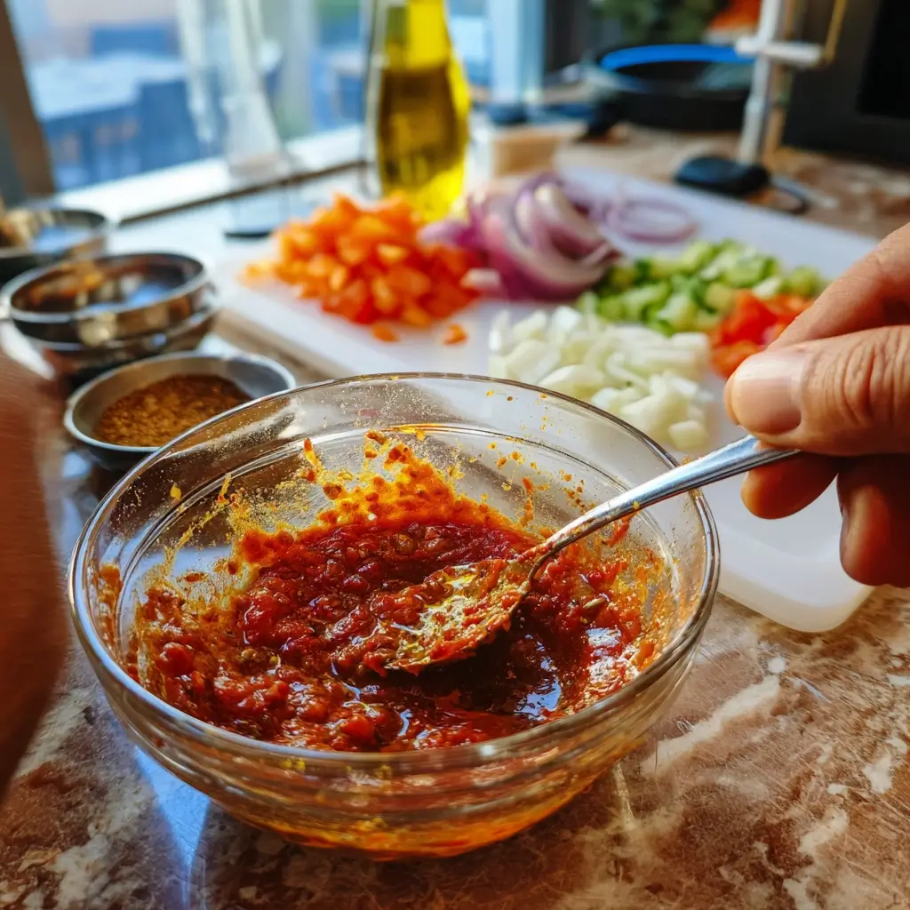 Marinade für ein Schaschlik Rezept mit Tomatenmark, Paprikagewürz, Knoblauch und Öl in einer Glasschüssel, von Hand angerührt.