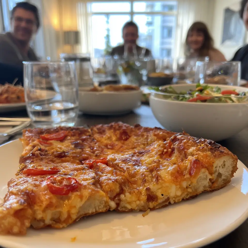 Happiness Pizza in kleinen Stücken auf einem Serviertablett, Gäste greifen zu