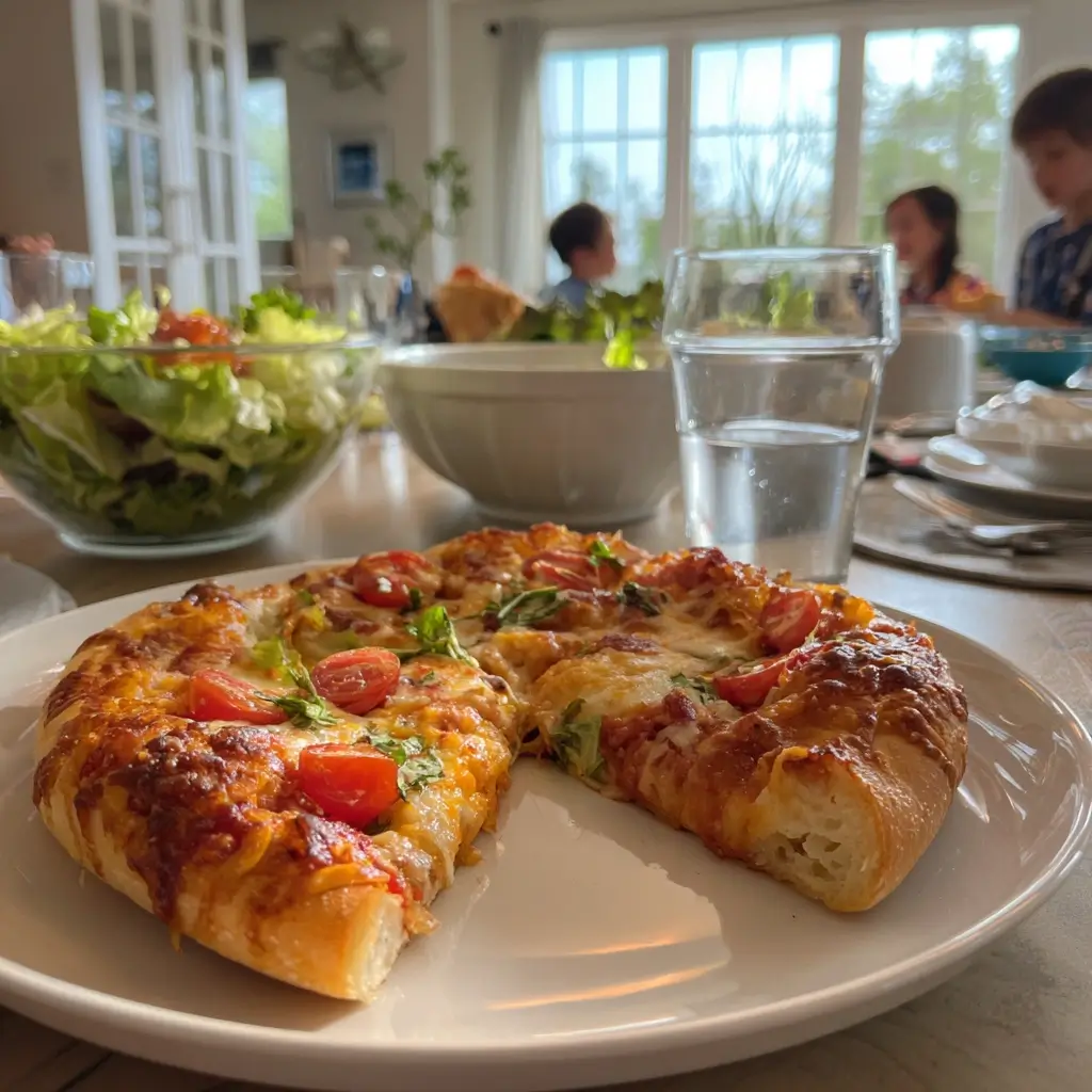 Happiness Pizza in Scheiben serviert auf weißem Teller, umgeben von Salat und Getränken