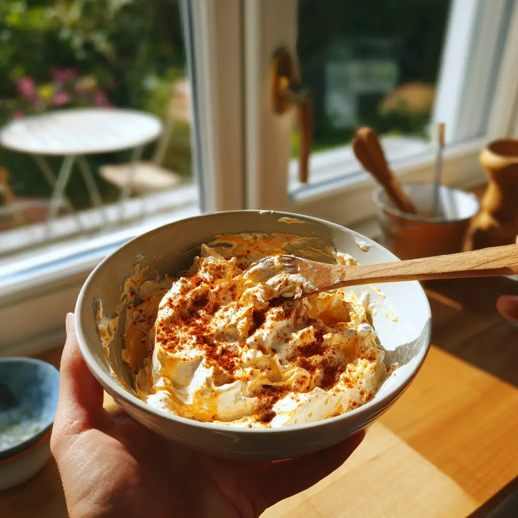 Zubereitungsschritt des Liptauer Rezept beim Vermengen von Quark und Butter.