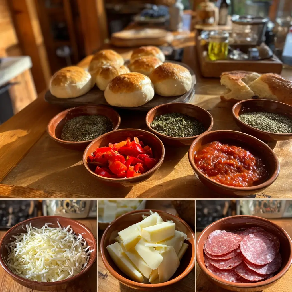 Zutaten für pizza brötchen wie Käse, Tomatensoße und Brötchen auf Holzbrett.