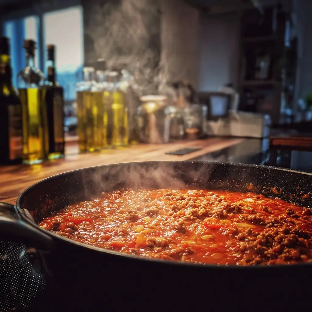 Aromatische Hackfleischsoße für ein lasagne rezept einfach im Topf köchelnd