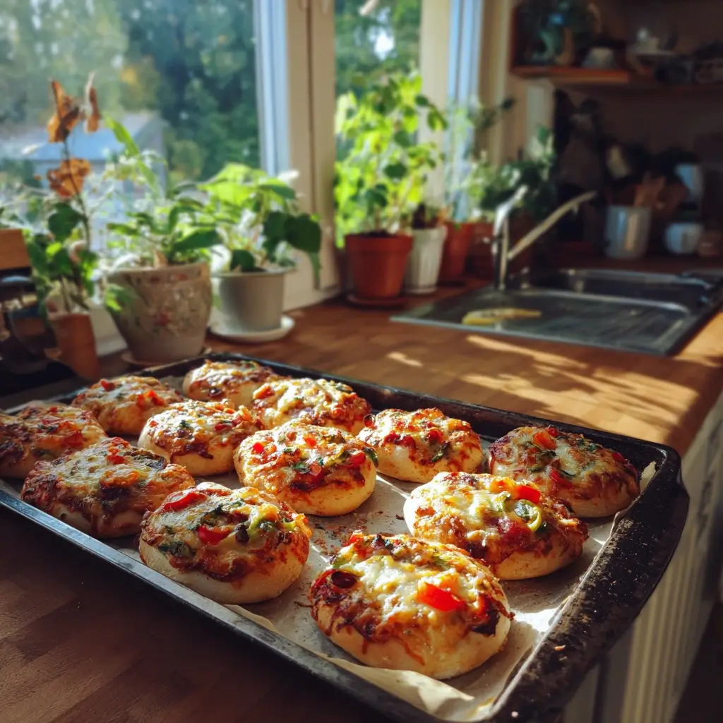 Frisch gebackene pizza brötchen auf einem Holzbrett in einer sonnigen Küche.