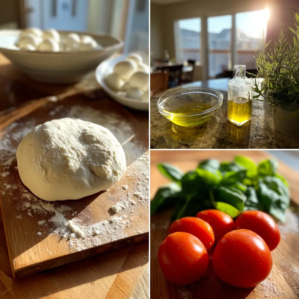 Frische Zutaten für pizza ofen Rezept mit Mehl, Basilikum, Mozzarella und Tomaten auf Holzbrett.