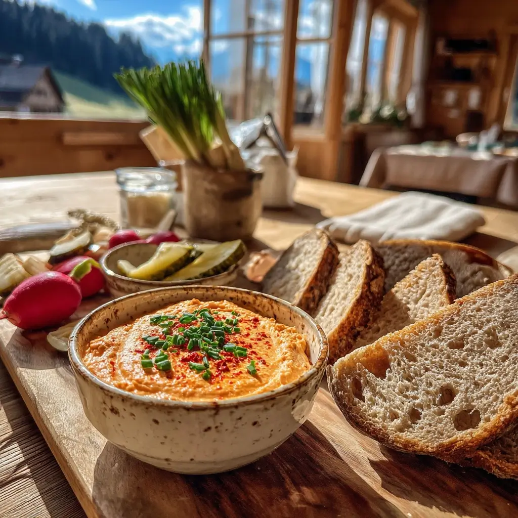 Liptauer Rezept in kleiner Schale auf Holzbrett ohne Hände im Bild.