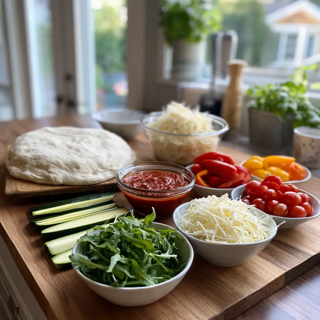 Alle Zutaten für die Happiness Pizza übersichtlich auf einem Holztisch: Teig, Tomatensauce, Käse, Gemüse, frische Kräuter