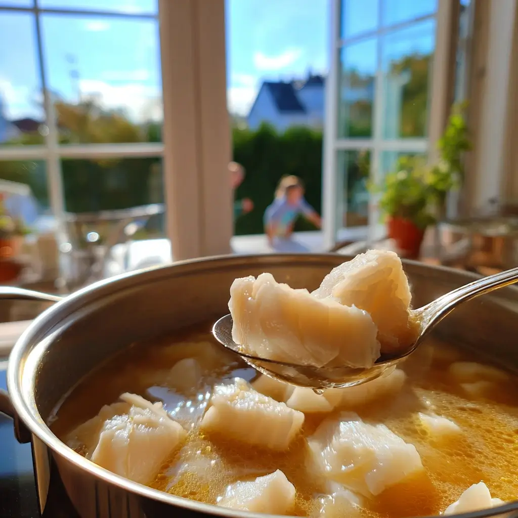 Fischsuppe Rezept frische Kabeljau-Stücke werden in die Brühe gegeben