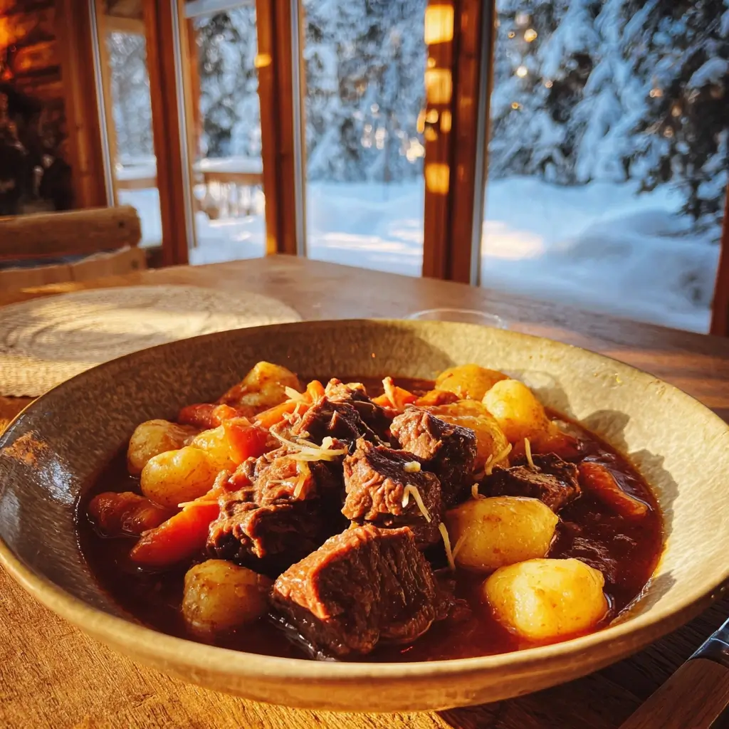 Rehgulasch in einer rustikalen Schüssel, serviert in einer gemütlichen deutschen Küche.