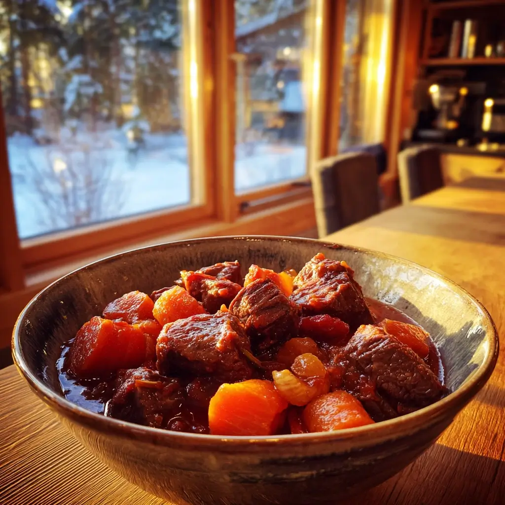 Rehgulasch in einer rustikalen Schüssel mit Spätzle und Preiselbeeren, serviert in einer warmen deutschen Küche.
