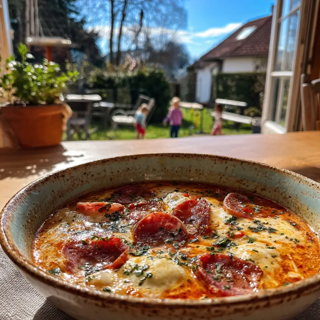 Pizzasuppe Rezept in einem rustikalen Schüssel serviert, mit Mozzarella, Salami und Paprika, dampfend und frisch auf einem Holztisch.
