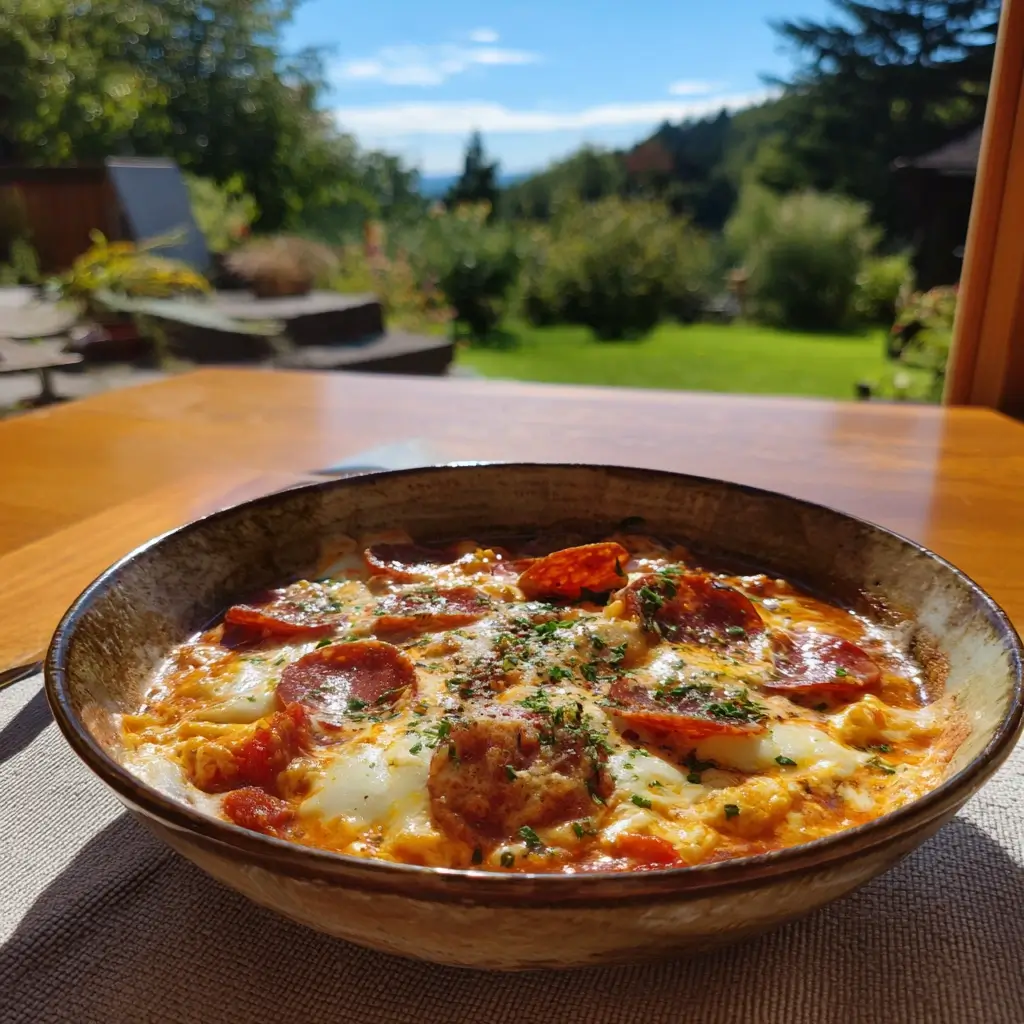 Pizzasuppe Rezept in einer rustikalen Schüssel, serviert im warmen Sonnenlicht auf einem Holztisch, mit geschmolzenem Mozzarella, Peperoni-Scheiben und Kräutern, vor einem grünen Gartenhintergrund.
