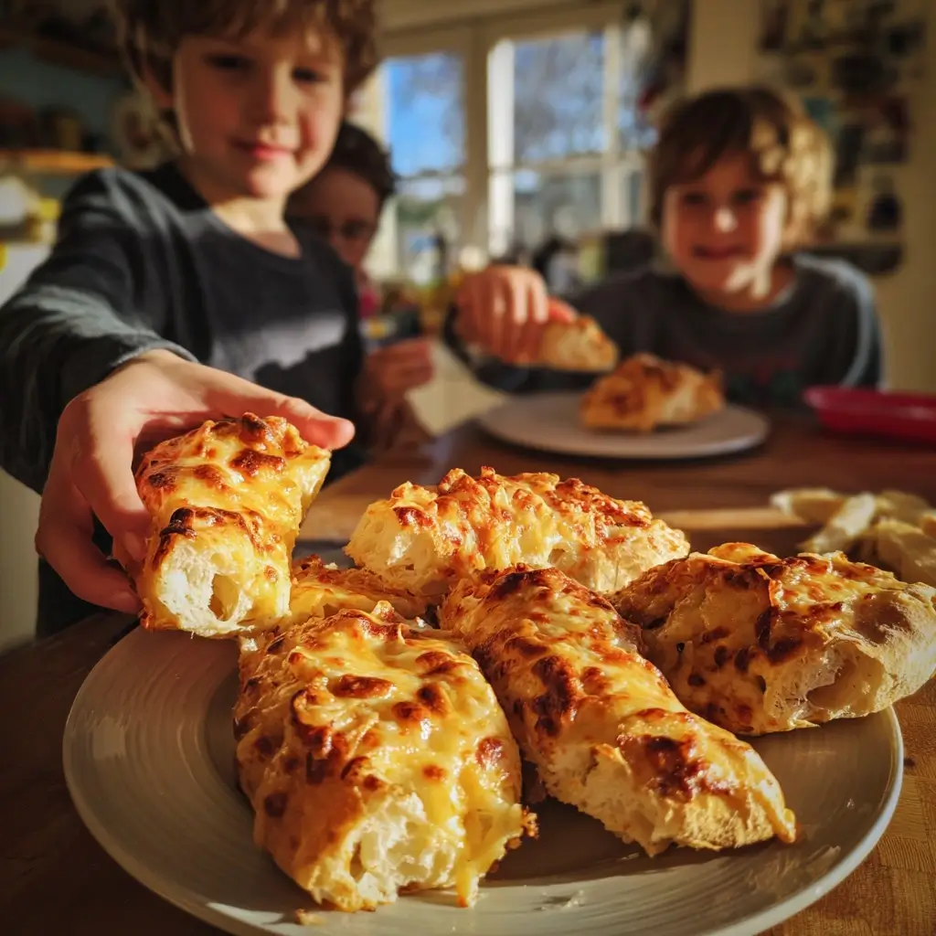 Kinder greifen nach warmen pizza brötchen auf einem Küchentisch.