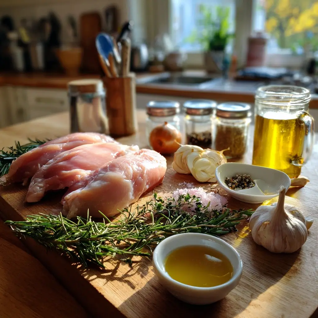 Zutaten für ein Gänsebrust Rezept auf einem Küchentisch ordentlich vorbereitet.