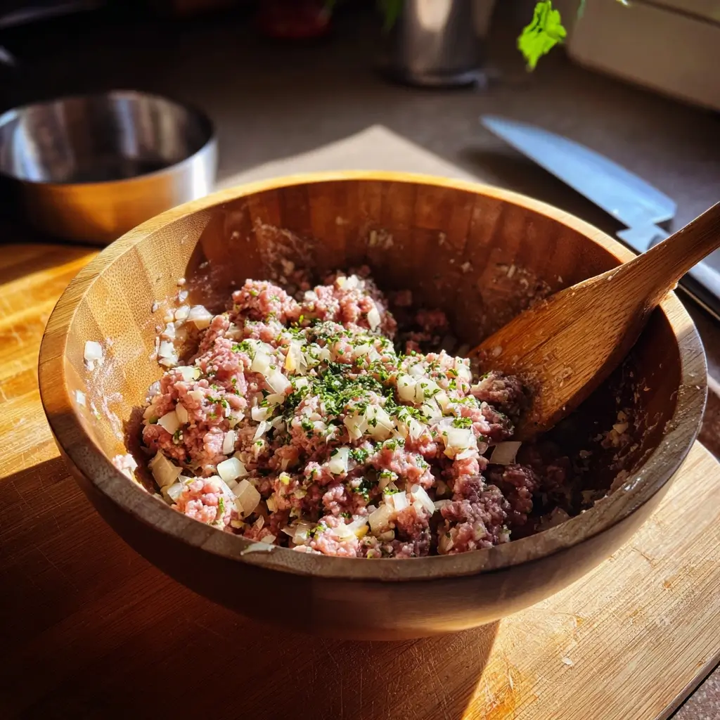 Pelmeni Rezept Fleischfüllung mit Zwiebeln und Gewürzen in einer Schüssel
