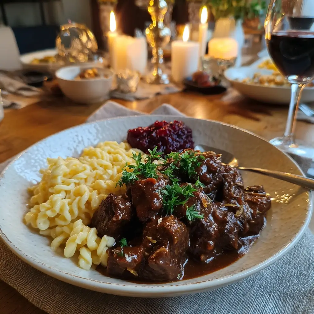 Serviertes rehgulasch mit Spätzle und Preiselbeeren auf einem weißen Teller.