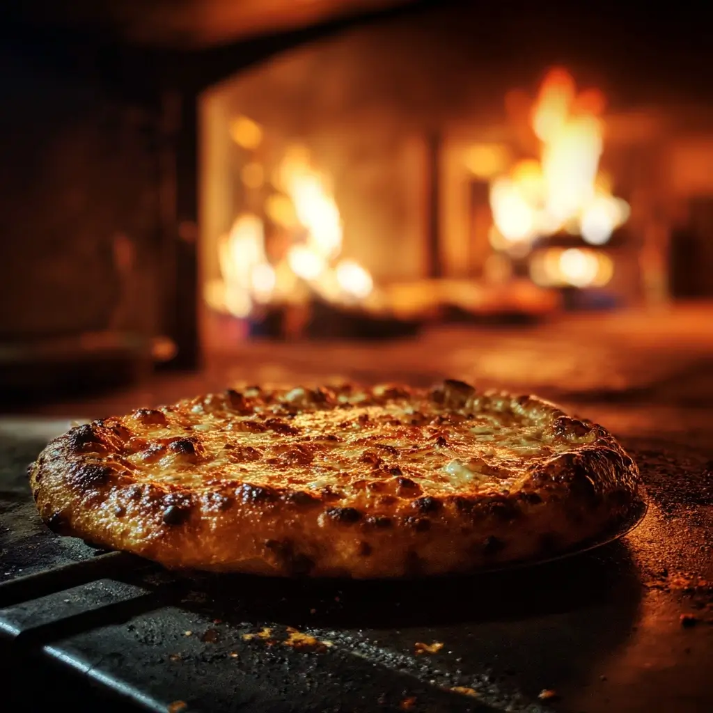 Margherita Pizza backt im heißen pizza ofen mit sichtbaren Flammen und goldener Kruste.