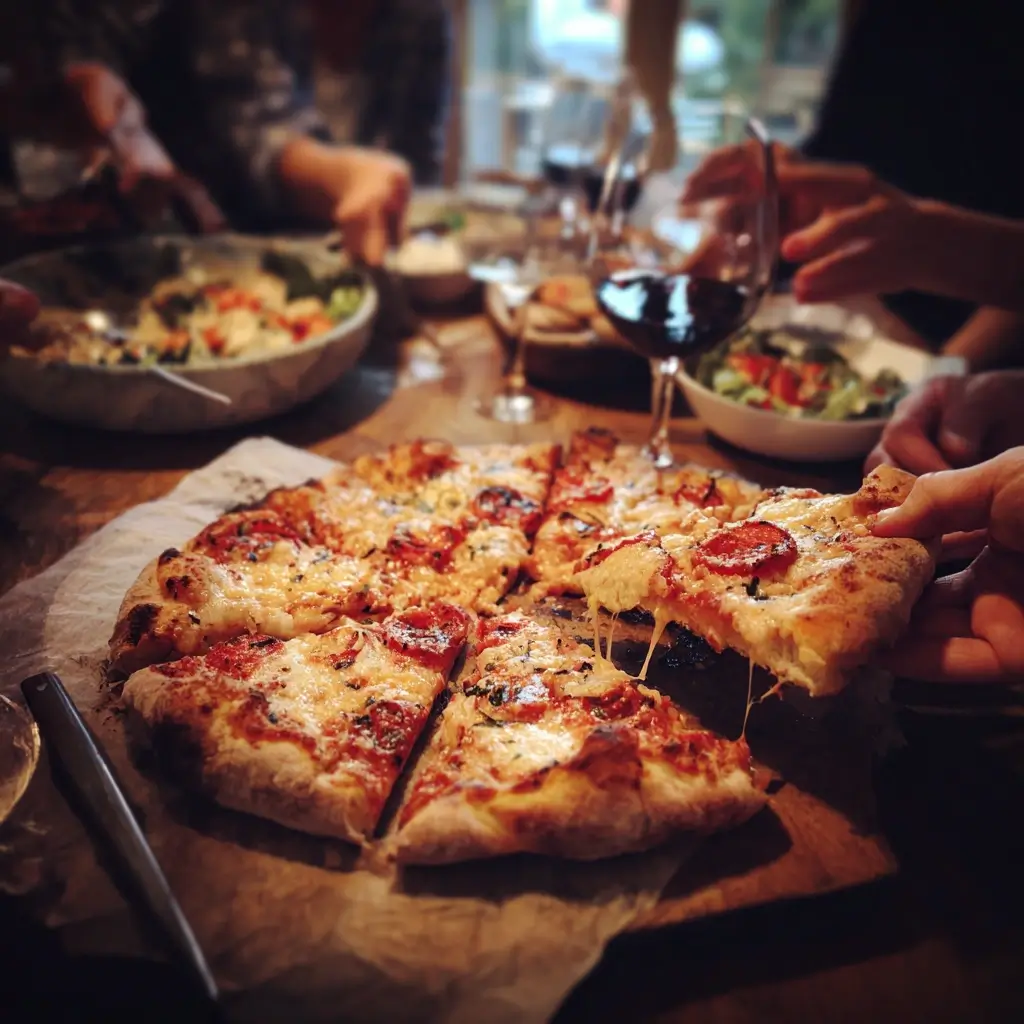 Geschnittene Pizza aus dem pizza ofen auf Holztisch, Freunde greifen nach Stücken, gemütliche Stimmung.