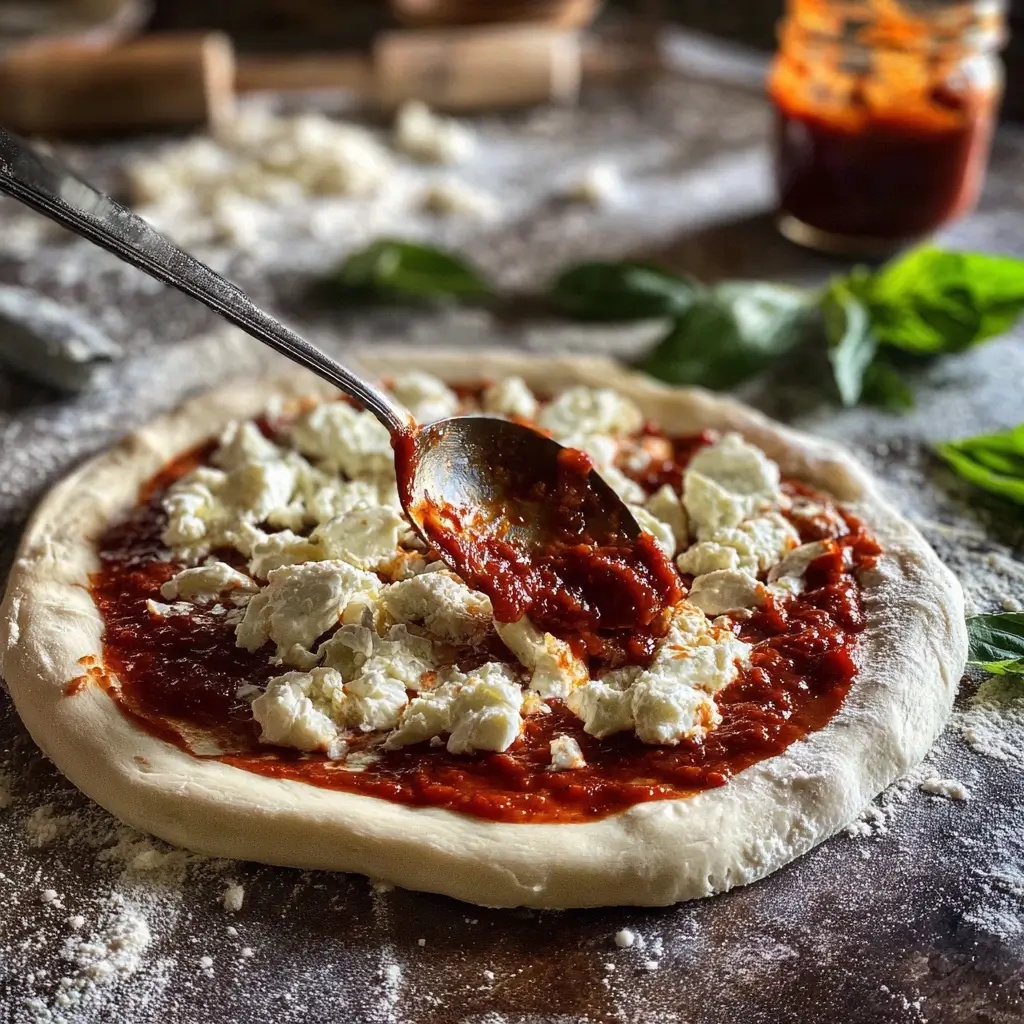 Pizza wird mit Tomatensauce und Mozzarella belegt, bereit für den pizza ofen.