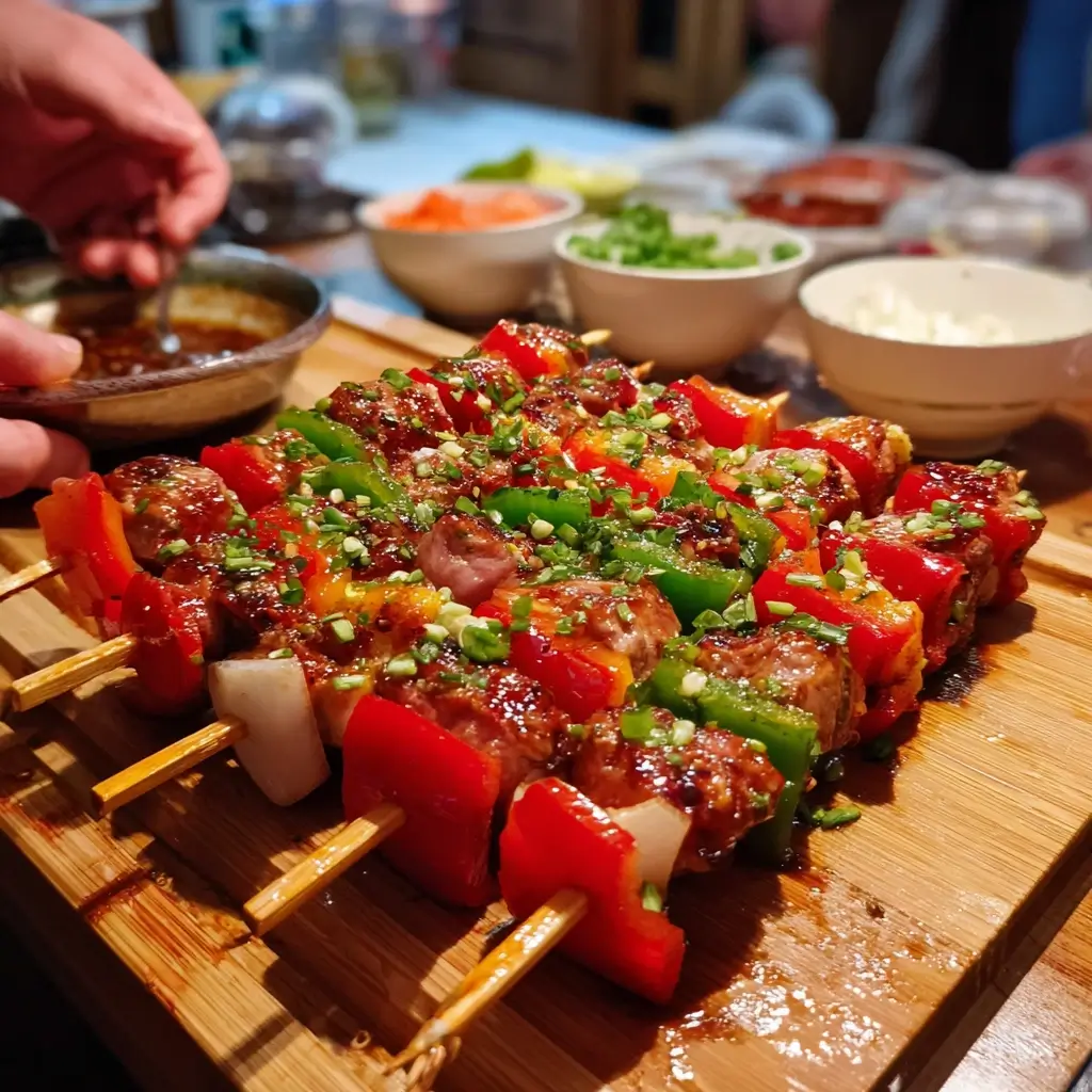 Hand, die beim Schaschlik Rezept mariniertes Fleisch, Paprika und Zwiebeln auf Holzspieße steckt.