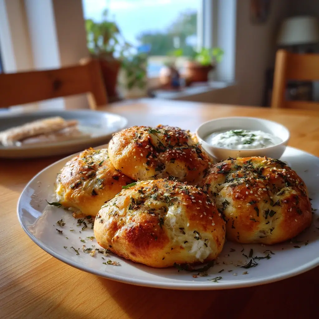 Servierte pizza brötchen auf weißem Teller mit Kräutern und Dip.